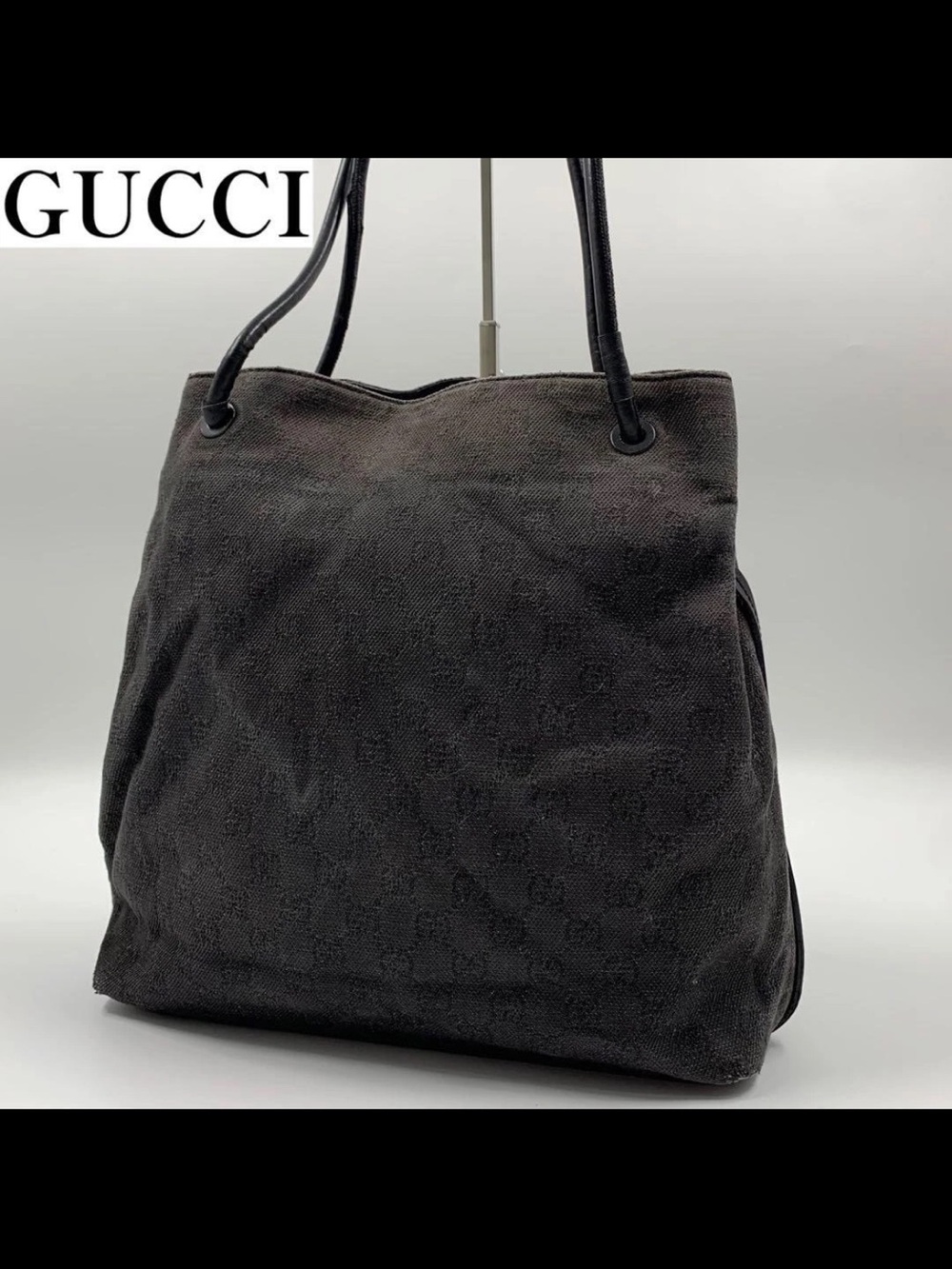 Gucci Black GG Canvas Tote with Leather Straps